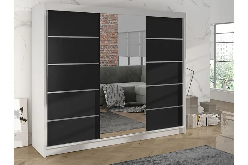 Cyria Garderob med rymlig Förvaring och Skjutdörrar med Spegel 200x215 cm - Svart/Vit - Products - Förvaring - Garderober & garderobssystem