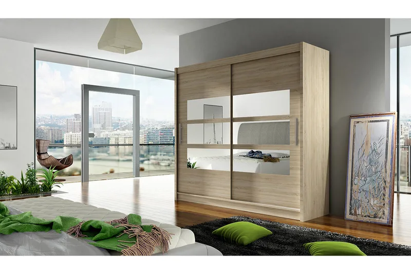 Prag Garderob 180 cm Skjutdörrar Delad Spegel - Beige/Trä/Natur - Products - Förvaring - Garderober & garderobssystem