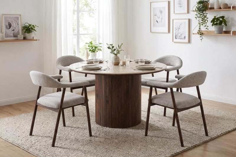 Arvo Matgrupp runt 120 cm Travertin med 4 Ronja Matstolar - Valnöt - Products - Möbler - Bord & matgrupp - Matgrupp