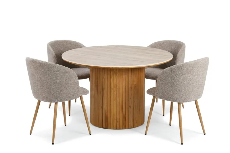 Arvo Matgrupp runt 120 cm Travertinlook med 4 Greya Matstolar, Ek