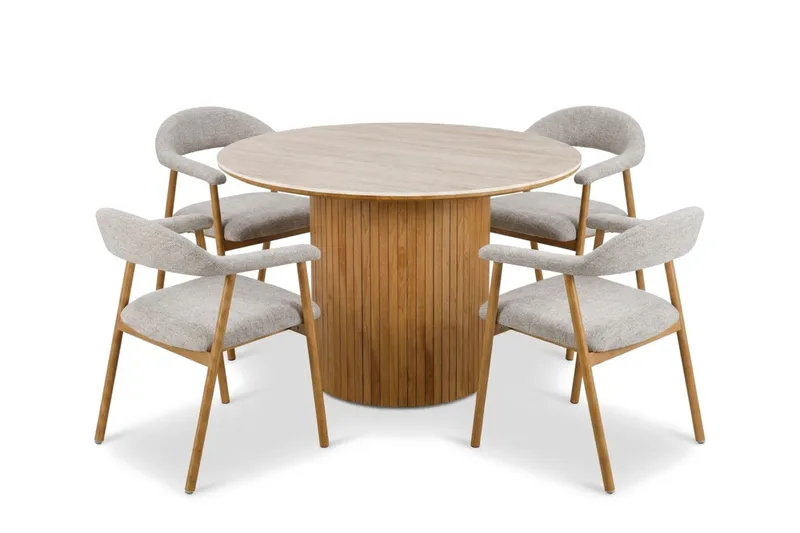 Arvo Matgrupp runt 120 cm Travertinlook med 4 Ronja Matstolar - Ek - Products - Möbler - Bord & matgrupp - Matgrupp