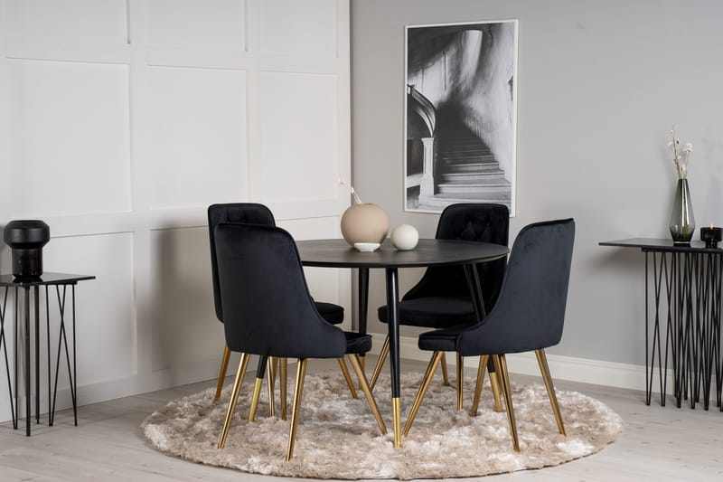 Dipp Matgrupp 115 cm Rund med 4 Velvet Deluxe stolar - Svart/Guld - Products - Möbler - Bord & matgrupp - Matgrupp