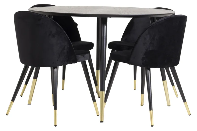 Dipp Matgrupp 115 cm Rund med 4 Velvet stolar, Svart/Guld