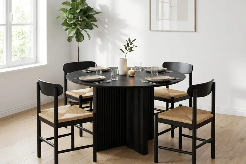 Edda Matgrupp runt 110 cm Svart med 4 Malte Matstolar - Products - Möbler - Bord & matgrupp - Matgrupp