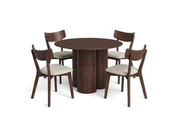 Juno Matgrupp 110 cm runt i Valnöt med 4 Amelia Matstolar med Dyna, Valnöt/Beige