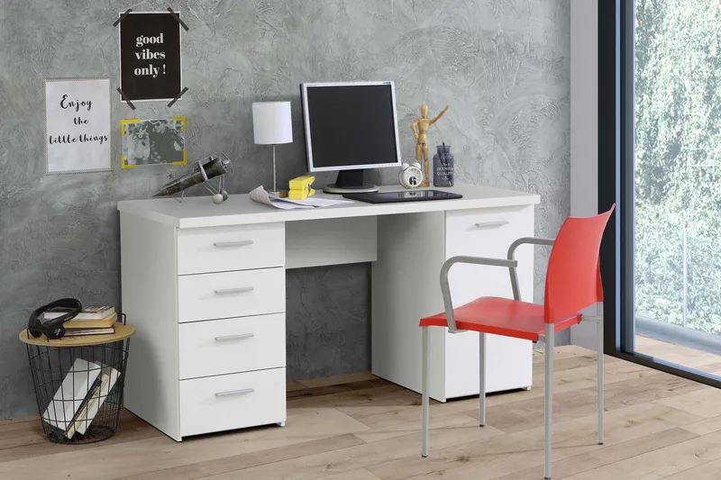 Bowlee Skrivbord 145 cm med Förvaring Skåp + 4 Lådor + Hylla - Vit - Products - Möbler - Bord & matgrupp - Kontorsbord - Datorbord