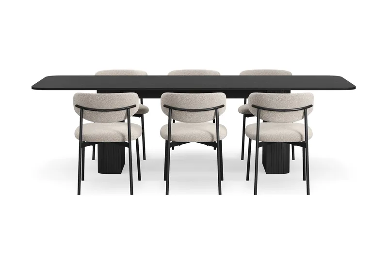 Kopparbo Matbord 180-240 cm Förlängningsbart med 6 Lucy Matstolar - Svart / Greige Bouclé / Metallben Svart - Products - Möbler - Bord & matgrupp - Matgrupp