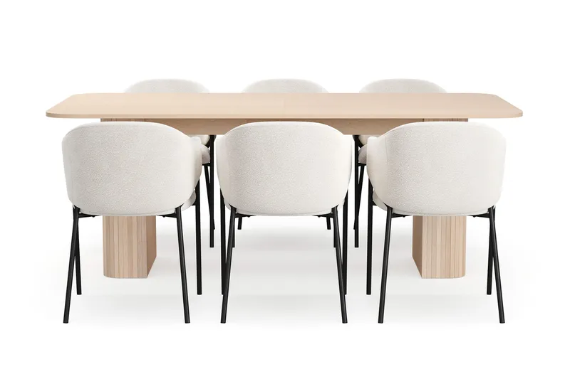 Kopparbo Matbord 200-260 cm Förlängningsbart med illäggsskiv med 6 Filip Matstolar - Vit / Vit Bouclé - Products - Möbler - Bord & matgrupp - Matgrupp