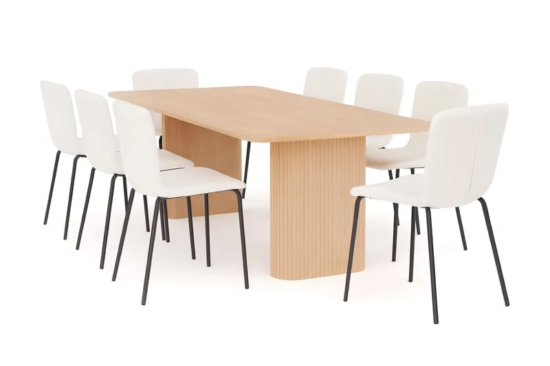 Kopparbo Matbord 200-260 cm Förlängningsbart med illäggsskiv med 8 Katy Matstolar, Vit / Vit Bouclé / Metallben Svart