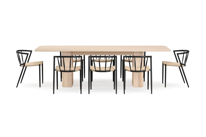 Kopparbo Matbord 200-260 cm Förlängningsbart med illäggsskiv med 8 Winston Matstolar - Vit / Beige / Metallben Svart - Products - Möbler - Bord & matgrupp - Matgrupp