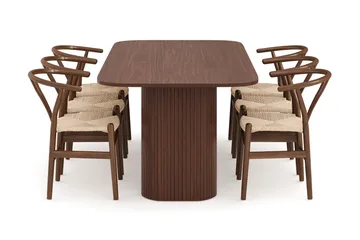 Kopparbo Matgrupp 200 cm med 6 Dastoori Matstol - Brun / Beige / Trä / Ribbad - Products - Möbler - Bord & matgrupp - Matgrupp