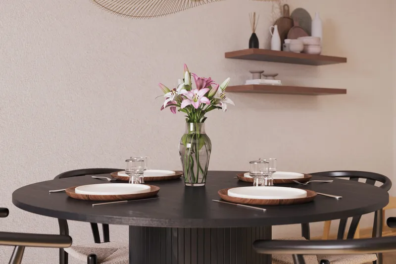 Kopparbo Matgrupp förlängningsbart 130-180 cm Rund med 4 Dastoori Matstol - 2220067-4,2229282-1 - Svart - Products - Möbler - Bord & matgrupp - Matgrupp