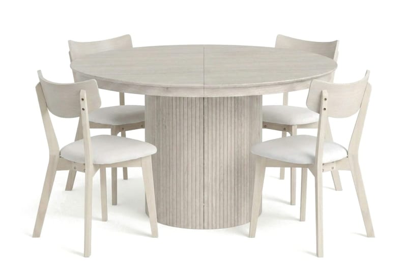 Kopparbo Matgrupp Förlängningsbart runt 120-220 cm Vitlaserad med 4 Amelia Matstolar med Dyna - Vitlaserad/Beige - Products - Möbler - Bord & matgrupp - Matgrupp