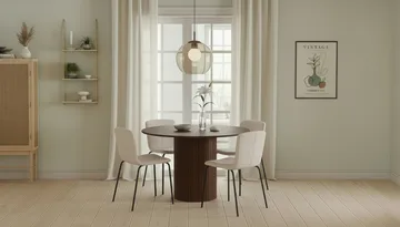 Kopparbo Runt Matbord 120 cm med 4 Katy Matstolar - M örkbrun / Vit Bouclé / Metallben Svart - Products - Möbler - Bord & matgrupp - Matgrupp