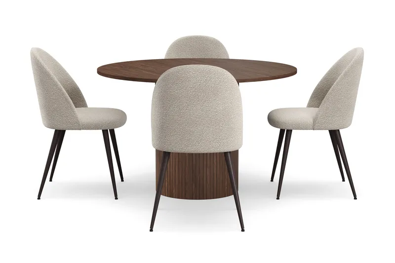 Kopparbo Runt Matbord 120 cm med 4 Nibe Plus Matstolar - Mörkbrun / Greige Bouclé / Metallben Valnöt - Products - Möbler - Bord & matgrupp - Matgrupp
