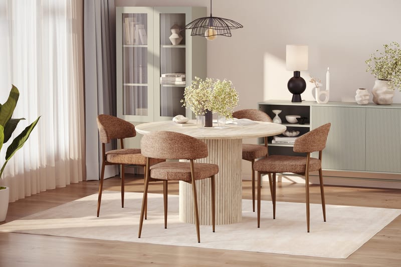 Kopparbo Runt Matbord 120cm Travetin utseende med 4 st Jairam Matstolar - Beige - Products - Möbler - Bord & matgrupp - Matgrupp