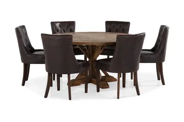 Lyon Matgrupp 150 cm Rund Mörkt trä med 6 Tuva Stolar - Vintage Alm / Brun Pu - Products - Möbler - Bord & matgrupp - Matgrupp