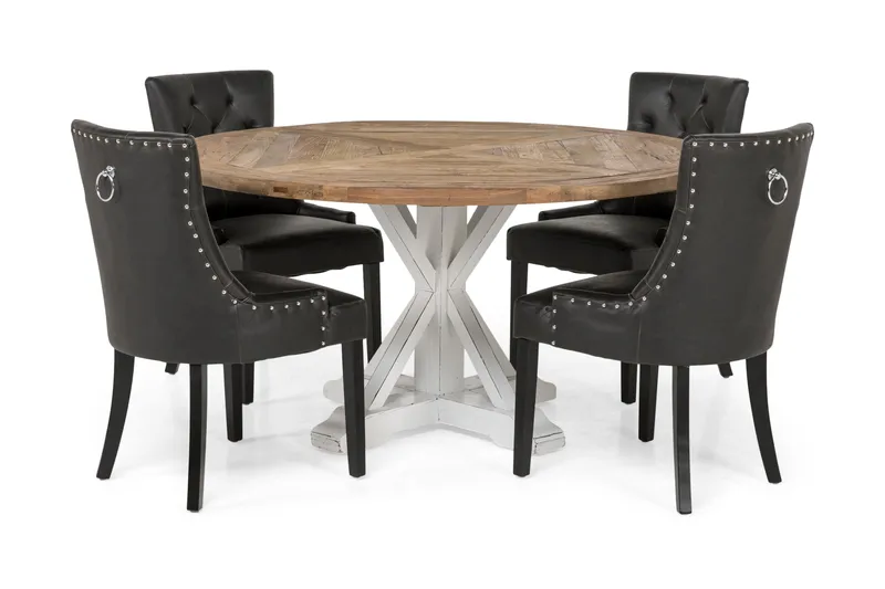 Lyon Matgrupp 150 cm Rund med 4 Tuva Fåtölj, Vintage Alm/Vit/Svart PU