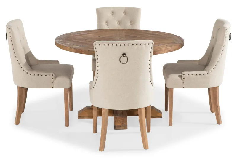 Lyon Matgrupp Rund med 4 st Viktoria Fåtölj, Trä / Beige