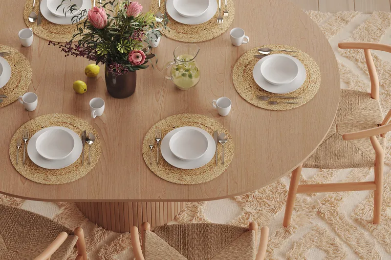 Kopparbo Runt Matbord 130 cm Förlängningsbart med illäggsskiva - Vitlaserat Ek / Ljusbeige - Products - Möbler - Bord & matgrupp - Matbord & köksbord