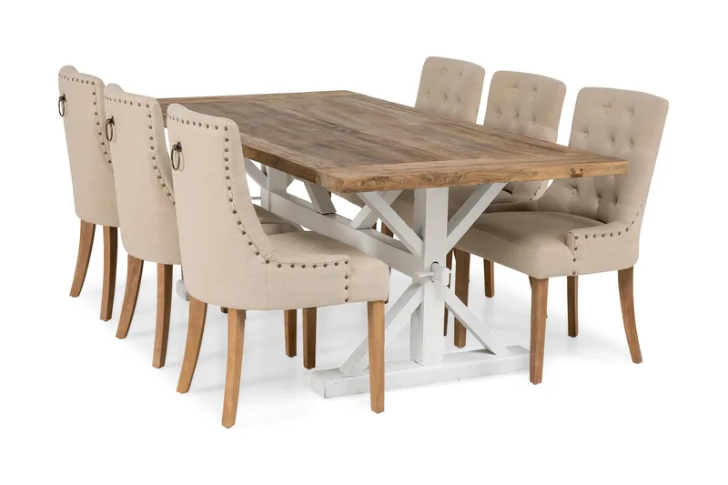 Matgrupp Bloomington Lyon Förlängningsbar 200 cm med 6 Viktoria Stol Natur/Vit/Beige