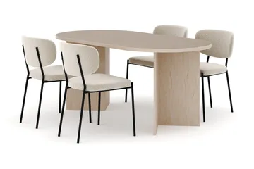 Dano Matbord 180 cm  med 4 Gemmiano Matstolar, Travertin / Vit Bouclé