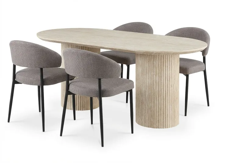 Uppveda Ovalt Matbord 180x90 cm med 4 Sawako Greige Stolar - Travertin/Greige - Products - Möbler - Bord & matgrupp - Matgrupp