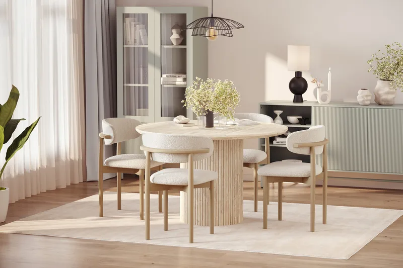 Uppveda Runt Matbord 120cm Travetin utseende med 4 st Jaiveer Matstolar - Beige - Products - Möbler - Bord & matgrupp - Matgrupp
