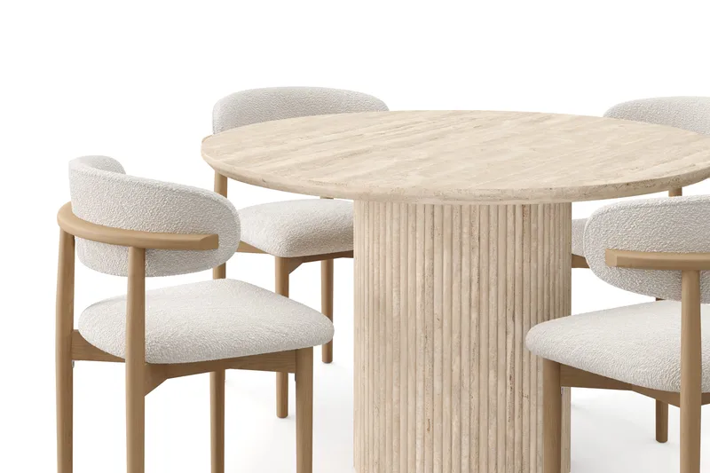 Uppveda Runt Matbord 120cm Travetin utseende med 4 st Jaiveer Matstolar - Beige - Products - Möbler - Bord & matgrupp - Matgrupp