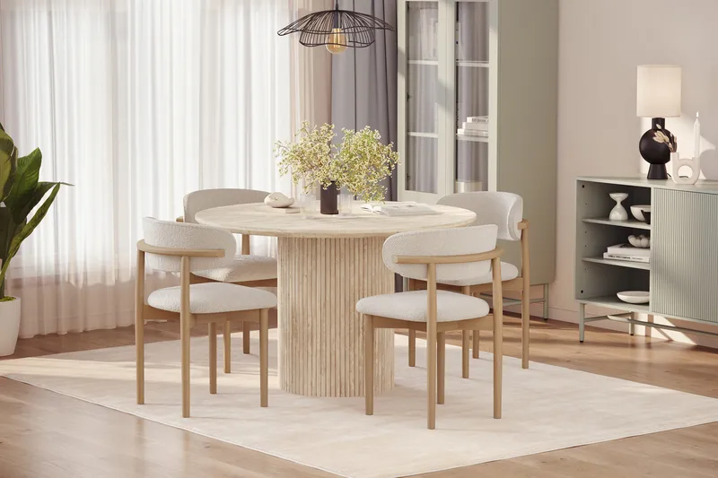 Uppveda Runt Matbord 120cm Travetin utseende med 4 st Jaiveer Matstolar - Beige - Products - Möbler - Bord & matgrupp - Matgrupp