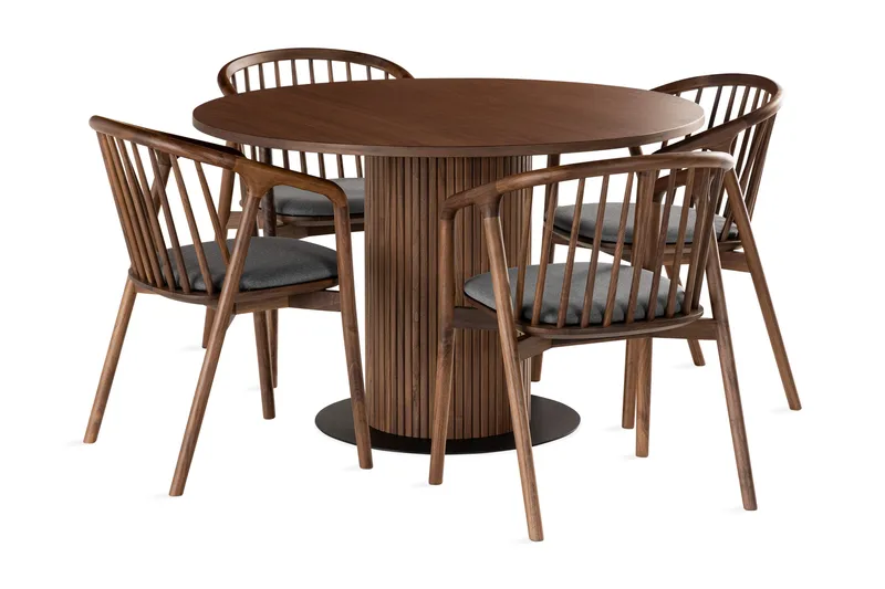 Noira Matgrupp 120 cm Runt Matbord med 4 Noira Stolar, Valnöt