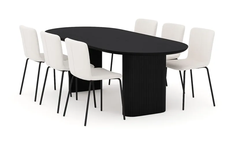 Noira Ovalt Matbord 220 cm med 6 Katy Matstolar, Svart / Vit Bouclé / Metallben Svart