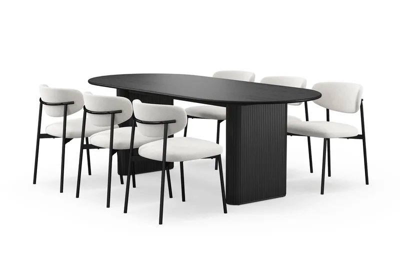 Noira Ovalt Matbord 220 cm med 6 Lucy Matstolar, Svart / Vit Bouclé / Metallben Svart