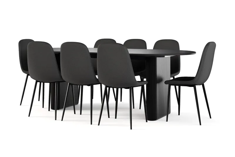 Noira Ovalt Matbord 220 cm Svart +  8 st Nibe stol svart med svarta ben, Svart