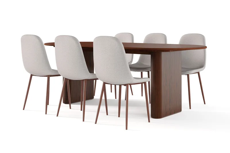 Noira Ovalt Matbord 220 cm Valnöt +  6 st Nibe stol beige med valnöt ben, Brun/Beige