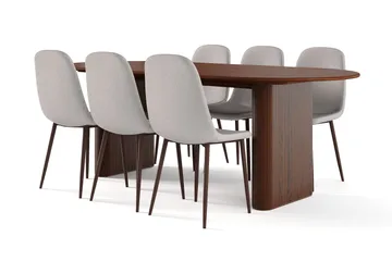 Noira Ovalt Matbord 220 cm Valnöt +  6 st Nibe stol grå med valnöt ben, Brun/Grå