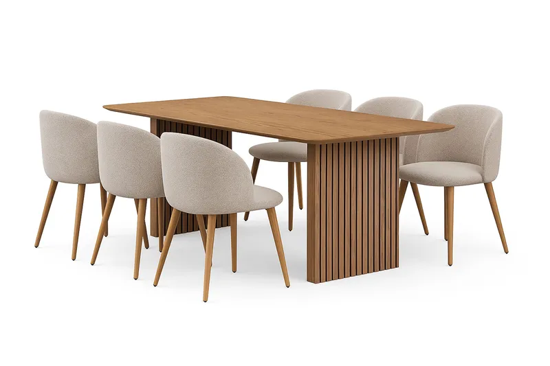 Richeto Matbord 210 cm med 6 Greya Matstolar med armstöd, Naturlig finish / Greige Bouclé / Metallben Ek