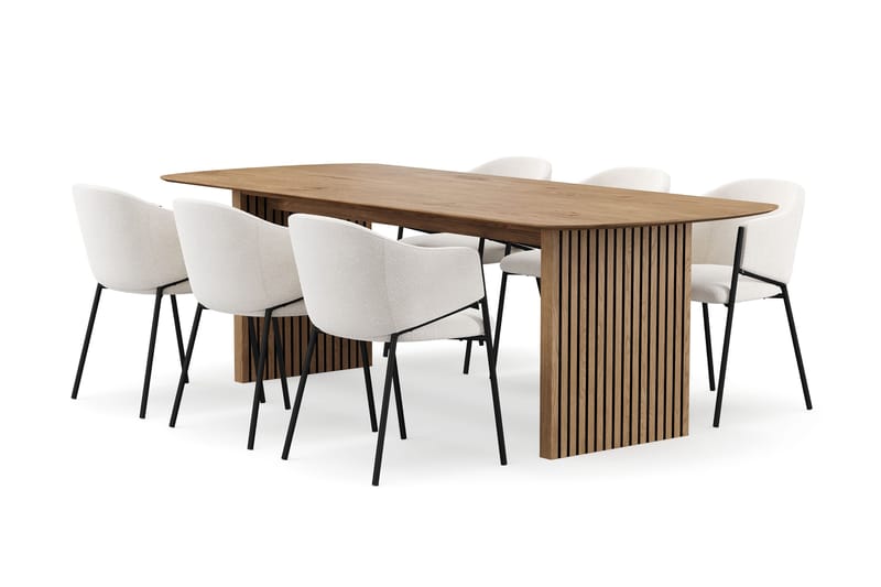 Richeto Matbord 240 cm med 6 Filip Matstolar, Naturlig finish / Vit Bouclé
