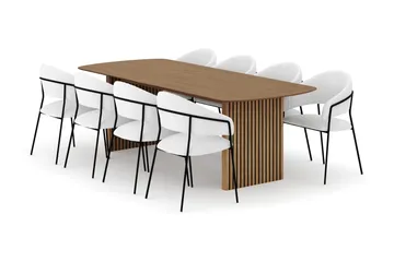 Richeto Matbord 240 cm med 8 Karol Matstolar - Naturlig finish / Vit Bouclé - Products - Möbler - Bord & matgrupp - Matgrupp