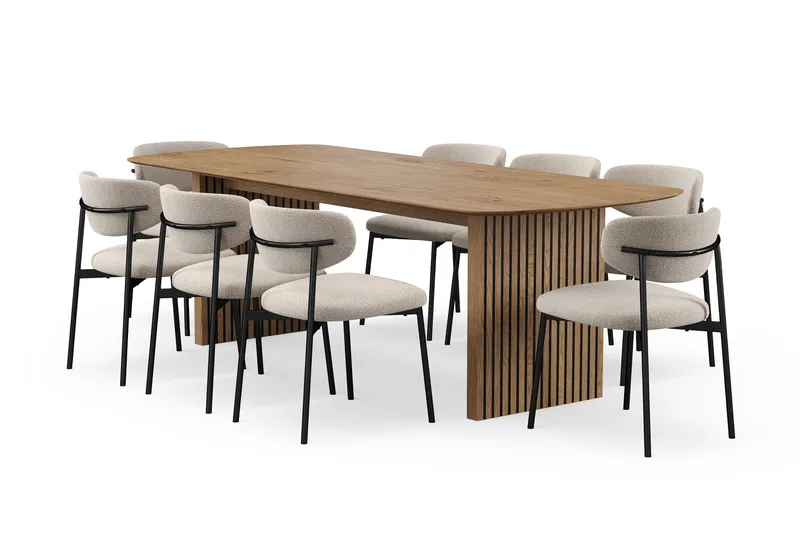 Richeto Matbord 240 cm med 8 Lucy Matstolar, Naturlig finish / Greige Bouclé / Metallben Svart