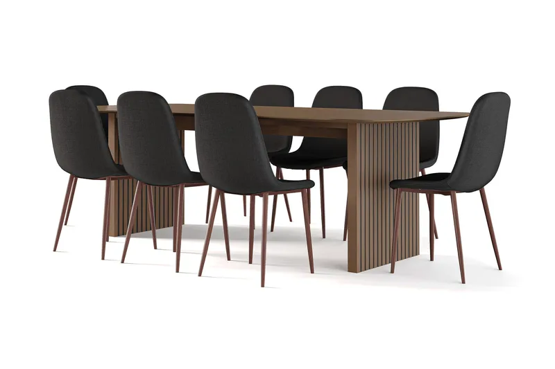 Richeto Matbord Rökt Ek 240 cm valnöt +  8 st Nibe stol svart med valnöt ben - Brun/Svart - Products - Möbler - Bord & matgrupp - Matgrupp