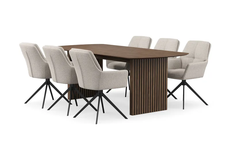 Richeto Matgrupp Rökt Ek 210 cm med 6 Torsby Snurrstolar, Rökt ek/Mörkbeige