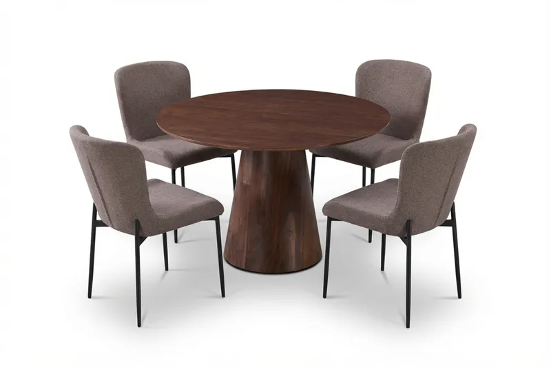 Siena Matgrupp runt 110 cm Valnöt med 4 Elsie Matstolar, Valnöt/Grå