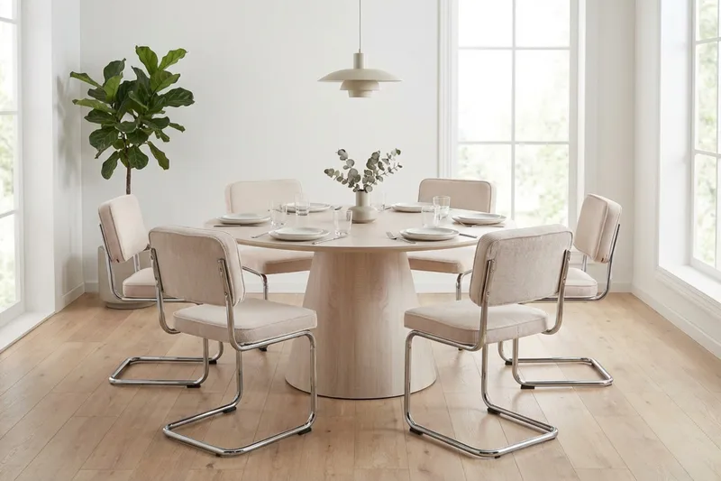 Siena Matgrupp runt 150 cm Vitlaserad med 6 Milva Matstolar - Vitlaserad ek - Products - Möbler - Bord & matgrupp - Matgrupp