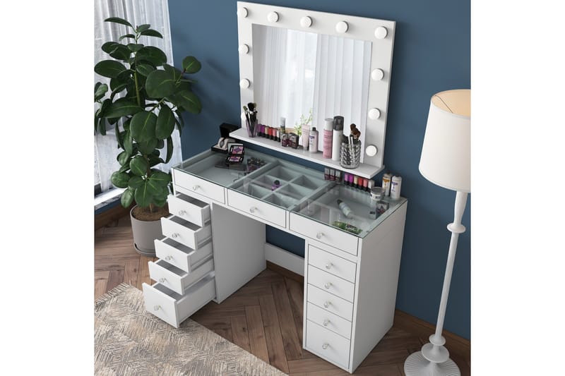 Ramender Stort Sminkbord med spegel och lampor med förvaring, Glas / Vit
