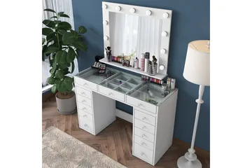 Ramender Stort Sminkbord med spegel och lampor med förvaring - Glas / Vit - Products - Möbler - Bord & matgrupp - Sminkbord & toalettbord