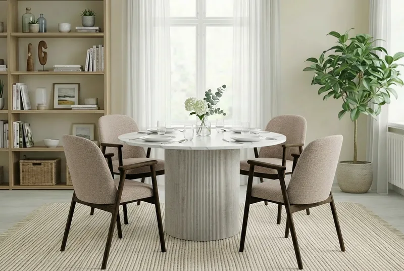 Uppveda Matbord 120 cm Rund Vitt med 4 Reciclar Matstolar - Vit/Greige - Products - Möbler - Bord & matgrupp - Matgrupp