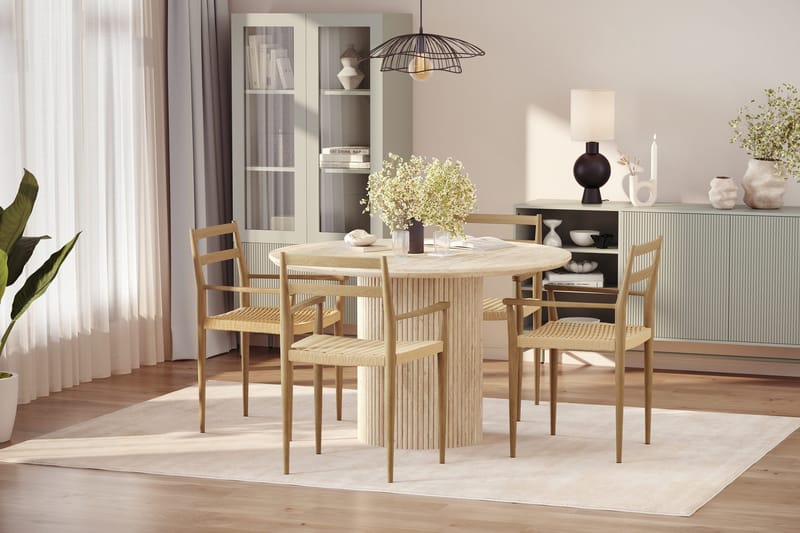 Uppveda Runt Matbord 120cm Travetin utseende med 4 st Jamna Karmstolar - Beige - Products - Möbler - Bord & matgrupp - Matgrupp