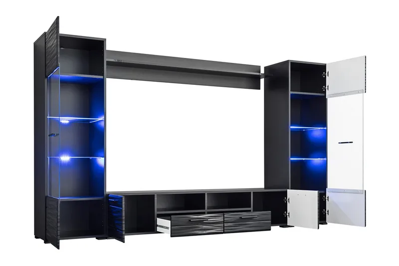 Apryl Modern TV Mediamöbel med Vitrinskåp och LED-belysning - Svart / Trä / Glas - Products - Möbler - TV- & Mediamöbler - TV-möbelset