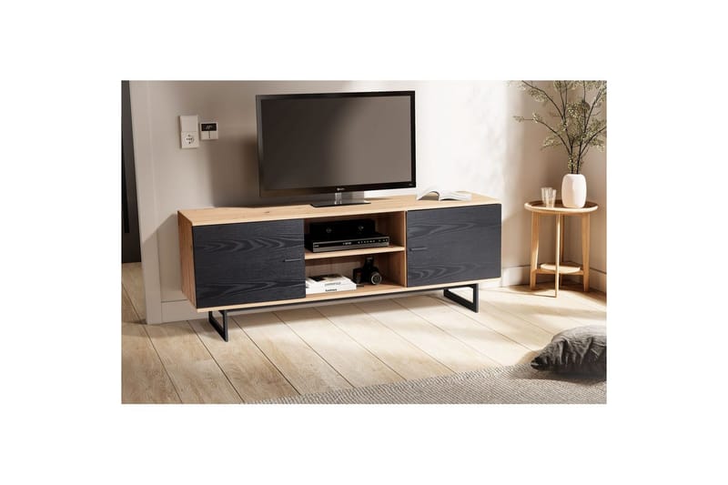 Lowboard Wohnling modernt spånskiva, 2 dörrar, förvaringsbrickor, metallben, modern stil Ek, Svart - Ek, Svart - Products - Möbler - TV- & Mediamöbler - TV-skåp